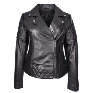 BUNERI Chaqueta Mujer Biker Cuero Auténtico Multi-Zip Cruzada
