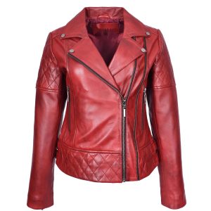 BUNERI Chaqueta Biker de Cuero Acolchado Rojo Bruñido para Mujer