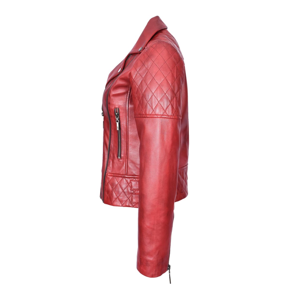 BUNERI Chaqueta Biker de Cuero Acolchado Rojo Bruñido para Mujer - Imagen 4