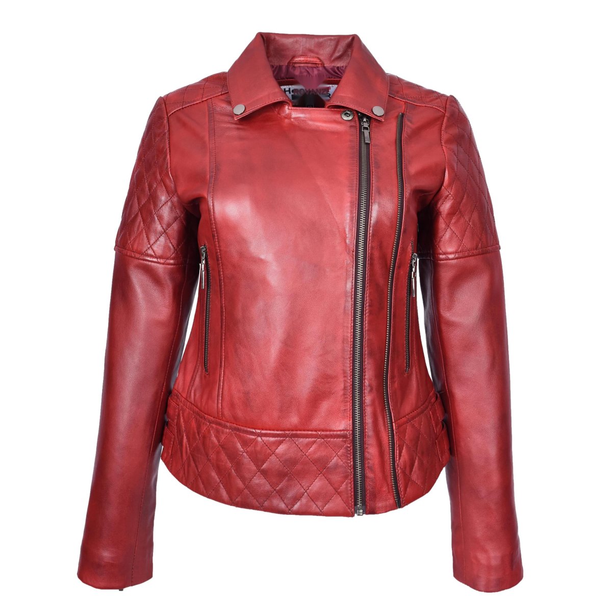 BUNERI Chaqueta Biker de Cuero Acolchado Rojo Bruñido para Mujer - Imagen 6