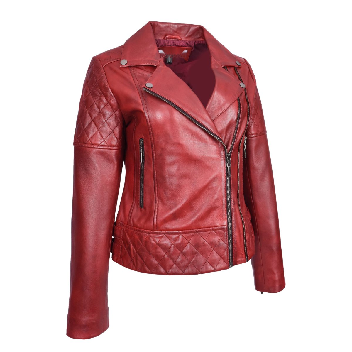 BUNERI Chaqueta Biker de Cuero Acolchado Rojo Bruñido para Mujer - Imagen 5