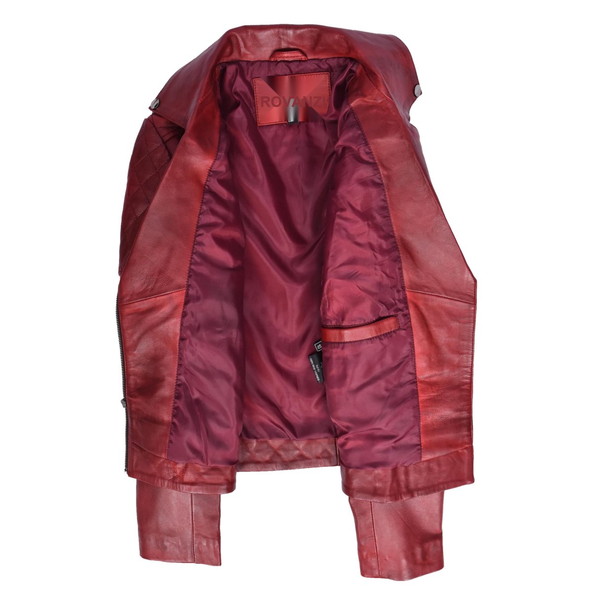 BUNERI Chaqueta Biker de Cuero Acolchado Rojo Bruñido para Mujer - Imagen 7