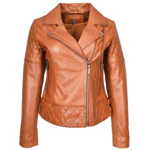BUNERI Chaqueta de Cuero Biker Tostado para Mujer con Detalles Acolchados