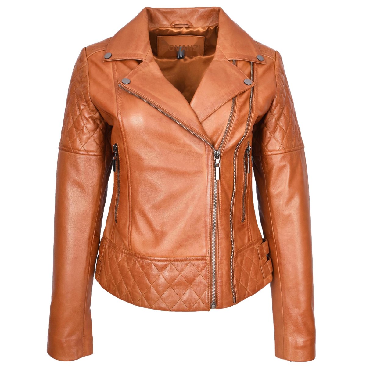 BUNERI Chaqueta de Cuero Biker Tostado para Mujer con Detalles Acolchados