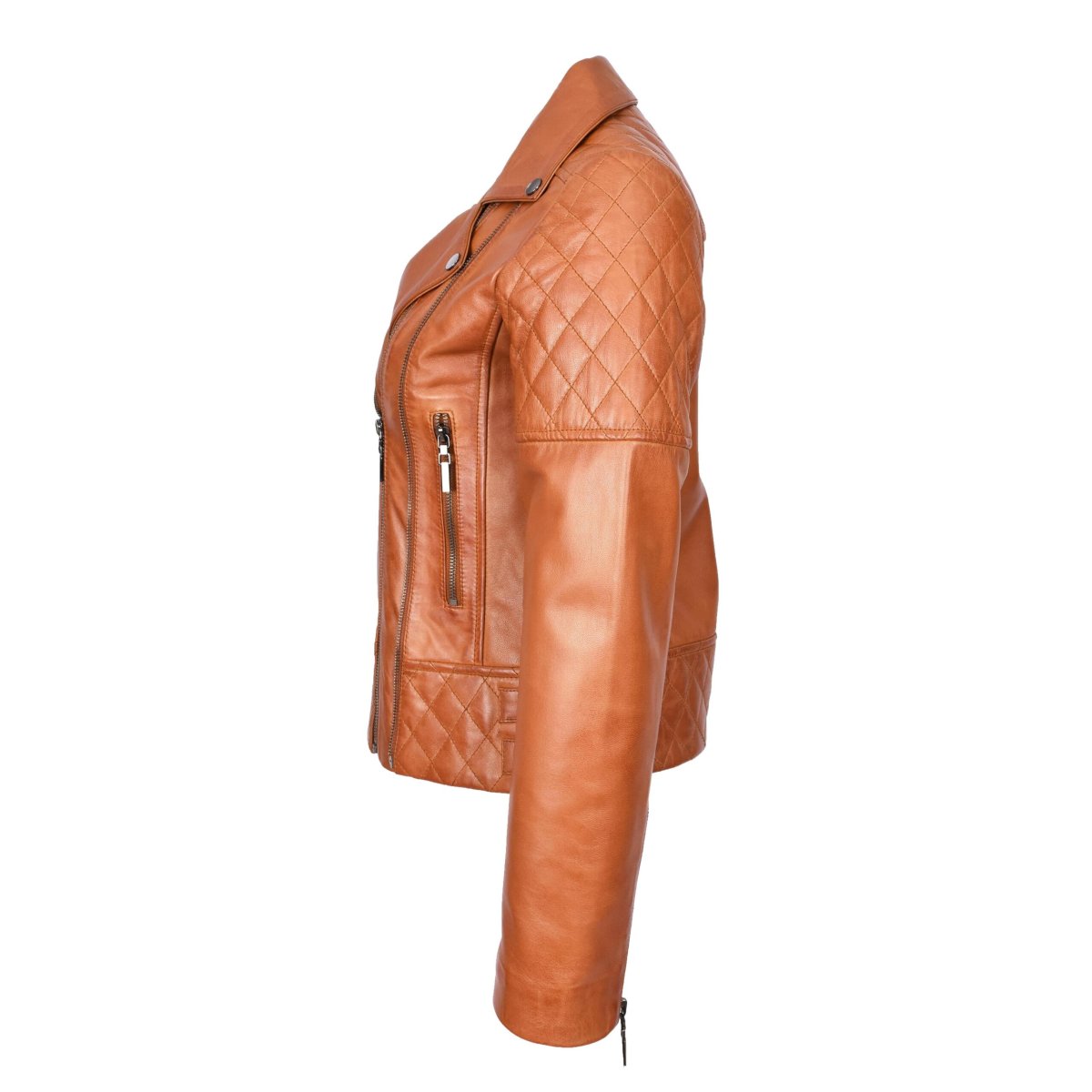 BUNERI Chaqueta de Cuero Biker Tostado para Mujer con Detalles Acolchados - Imagen 6