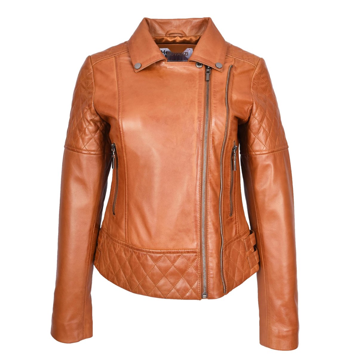 BUNERI Chaqueta de Cuero Biker Tostado para Mujer con Detalles Acolchados - Imagen 5