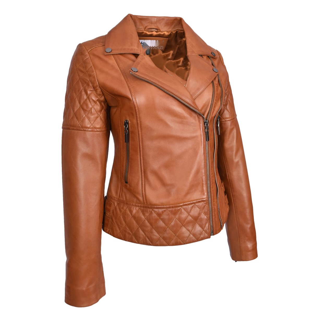 BUNERI Chaqueta de Cuero Biker Tostado para Mujer con Detalles Acolchados - Imagen 4