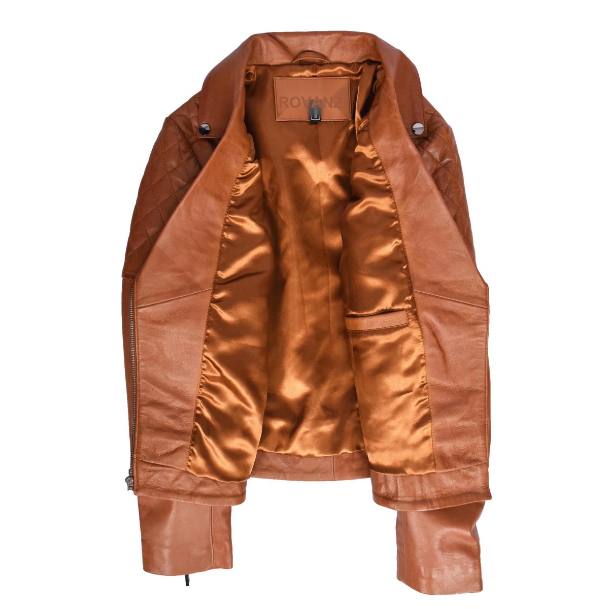 BUNERI Chaqueta de Cuero Biker Tostado para Mujer con Detalles Acolchados - Imagen 7