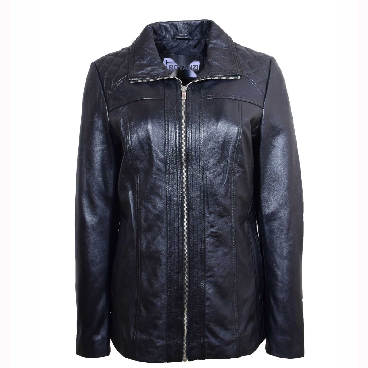 BUNERI Chaqueta de Cuero Real Acolchada para Mujer Negro - Imagen 2