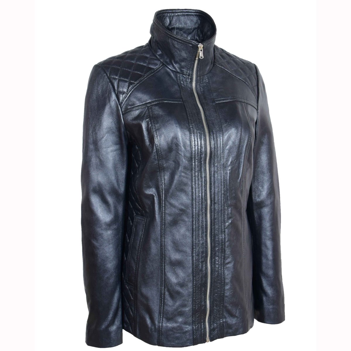 BUNERI Chaqueta de Cuero Real Acolchada para Mujer Negro - Imagen 5
