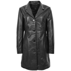 BUNERI F99 Abrigo Mac de Cuero Auténtico Negro 3/4 para Mujer