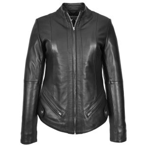 BUNERI Chaqueta Mujer 100% Cuero Auténtico Biker Slim Fit con Cuello Alzado