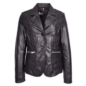 BUNERI Blazer de Cuero Negro para Mujer de Dos Botones