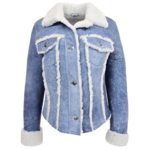 BUNERI Chaqueta Mujer 100% Piel de Oveja Auténtica Trucker Azul Denim