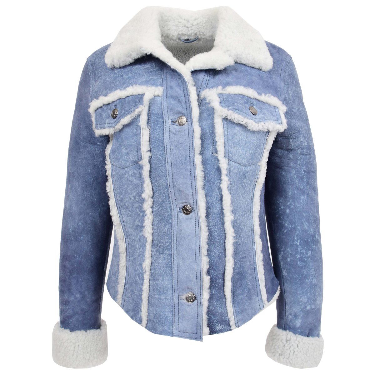 BUNERI Chaqueta Mujer 100% Piel de Oveja Auténtica Trucker Azul Denim - Imagen 2