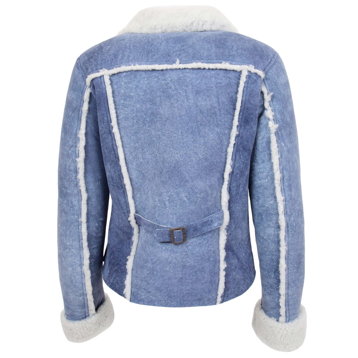 BUNERI Chaqueta Mujer 100% Piel de Oveja Auténtica Trucker Azul Denim - Imagen 3