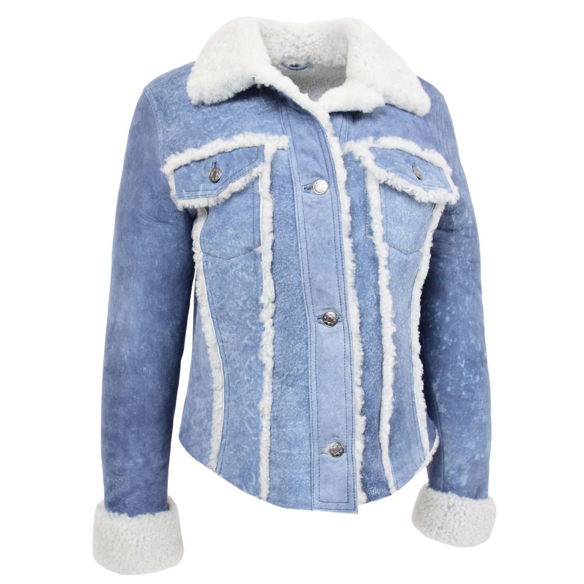 BUNERI Chaqueta Mujer 100% Piel de Oveja Auténtica Trucker Azul Denim - Imagen 4