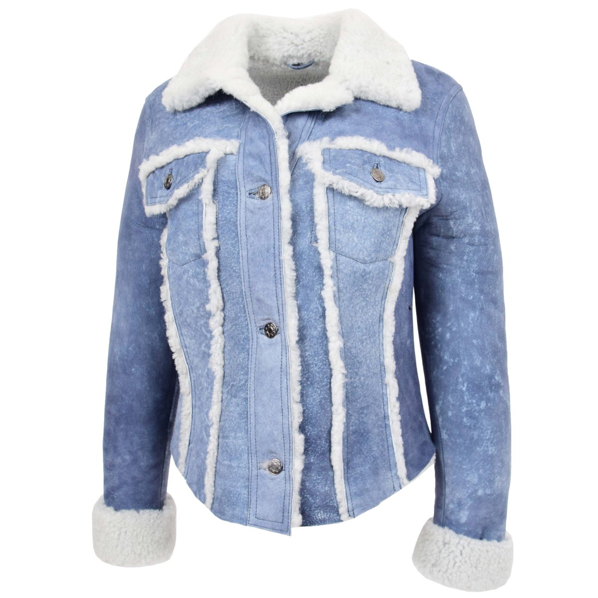 BUNERI Chaqueta Mujer 100% Piel de Oveja Auténtica Trucker Azul Denim - Imagen 5