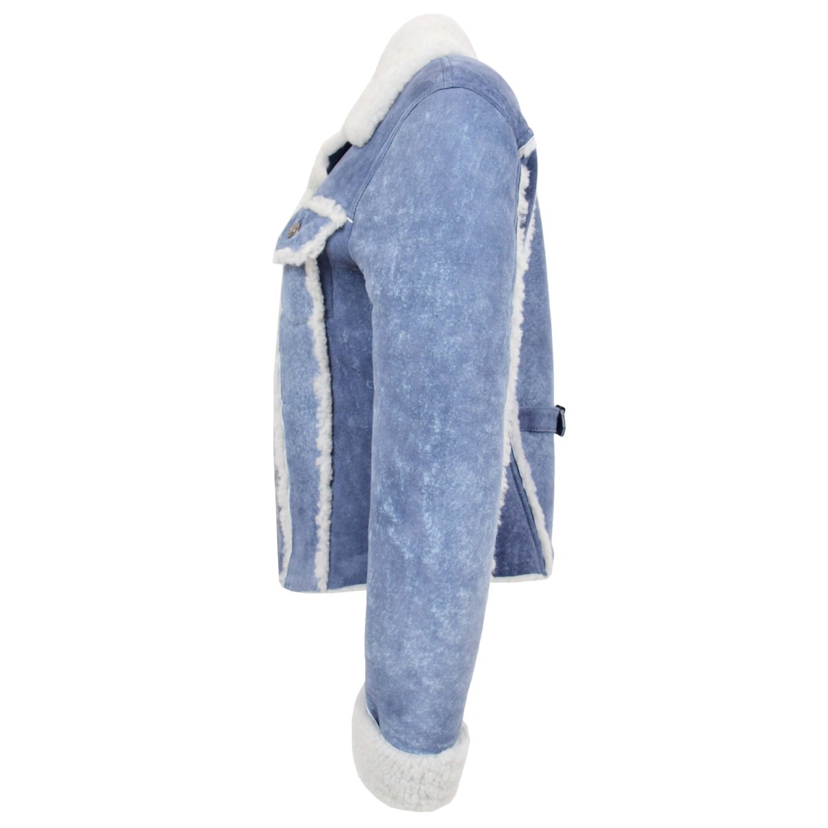 BUNERI Chaqueta Mujer 100% Piel de Oveja Auténtica Trucker Azul Denim - Imagen 6