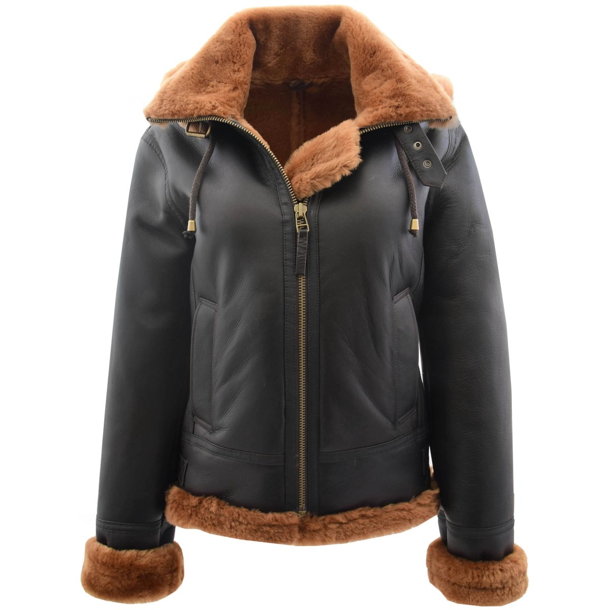 BUNERI Chaqueta de Piel de Oveja B3 para Mujer con Capucha Desmontable Marrón