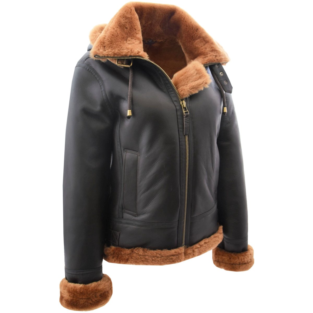 BUNERI Chaqueta de Piel de Oveja B3 para Mujer con Capucha Desmontable Marrón - Imagen 7