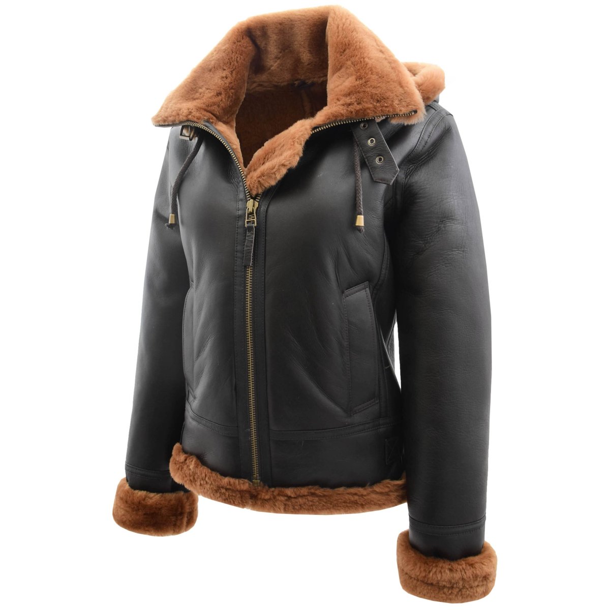 BUNERI Chaqueta de Piel de Oveja B3 para Mujer con Capucha Desmontable Marrón - Imagen 6