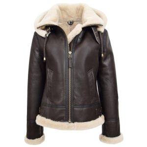 BUNERI Chaqueta Mujer 100% Piel de Oveja B3 con Capucha Desmontable