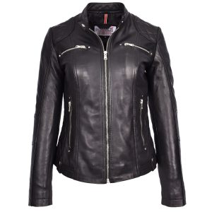 BUNERI Biker Cafe Racer Fiona de Cuero Negro Acolchada