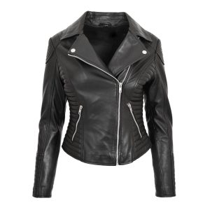 BUNERI Biker de Cuero Auténtico Anna Negra Cross Zip para Mujer