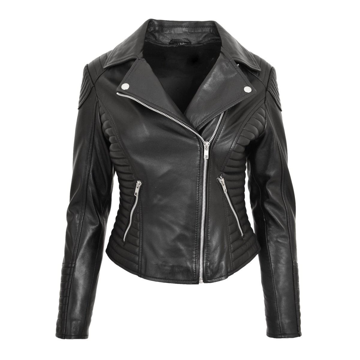 BUNERI Biker de Cuero Auténtico Anna Negra Cross Zip para Mujer