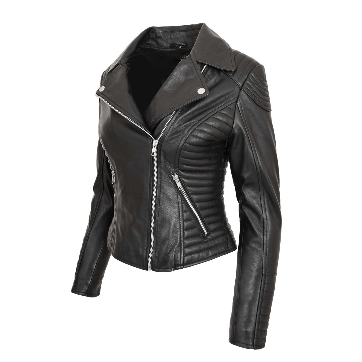 BUNERI Biker de Cuero Auténtico Anna Negra Cross Zip para Mujer - Imagen 5