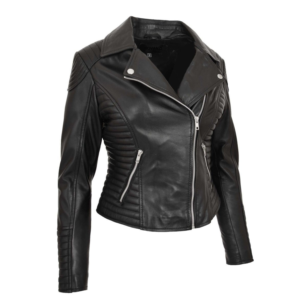 BUNERI Biker de Cuero Auténtico Anna Negra Cross Zip para Mujer - Imagen 4