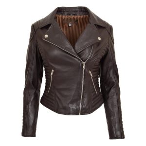 BUNERI Chaqueta Mujer Biker de Cuero Suave Marrón