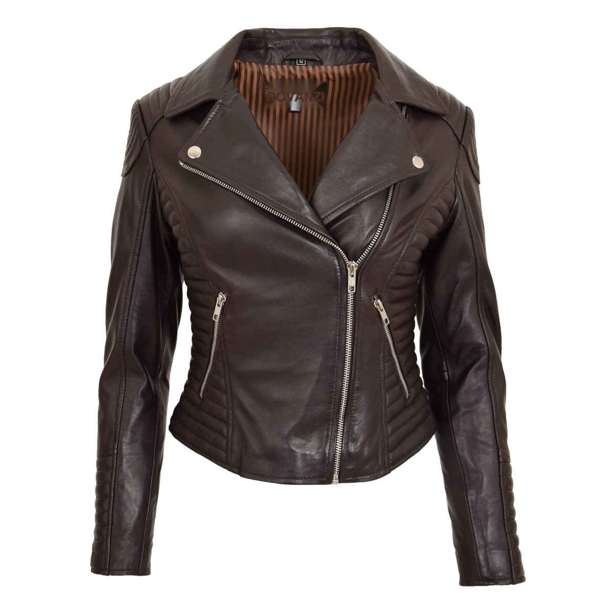 BUNERI Chaqueta Mujer Biker de Cuero Suave Marrón