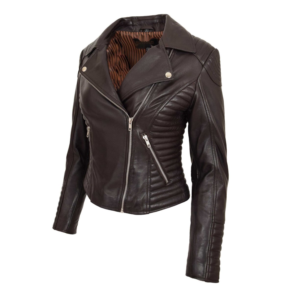 BUNERI Chaqueta Mujer Biker de Cuero Suave Marrón - Imagen 5