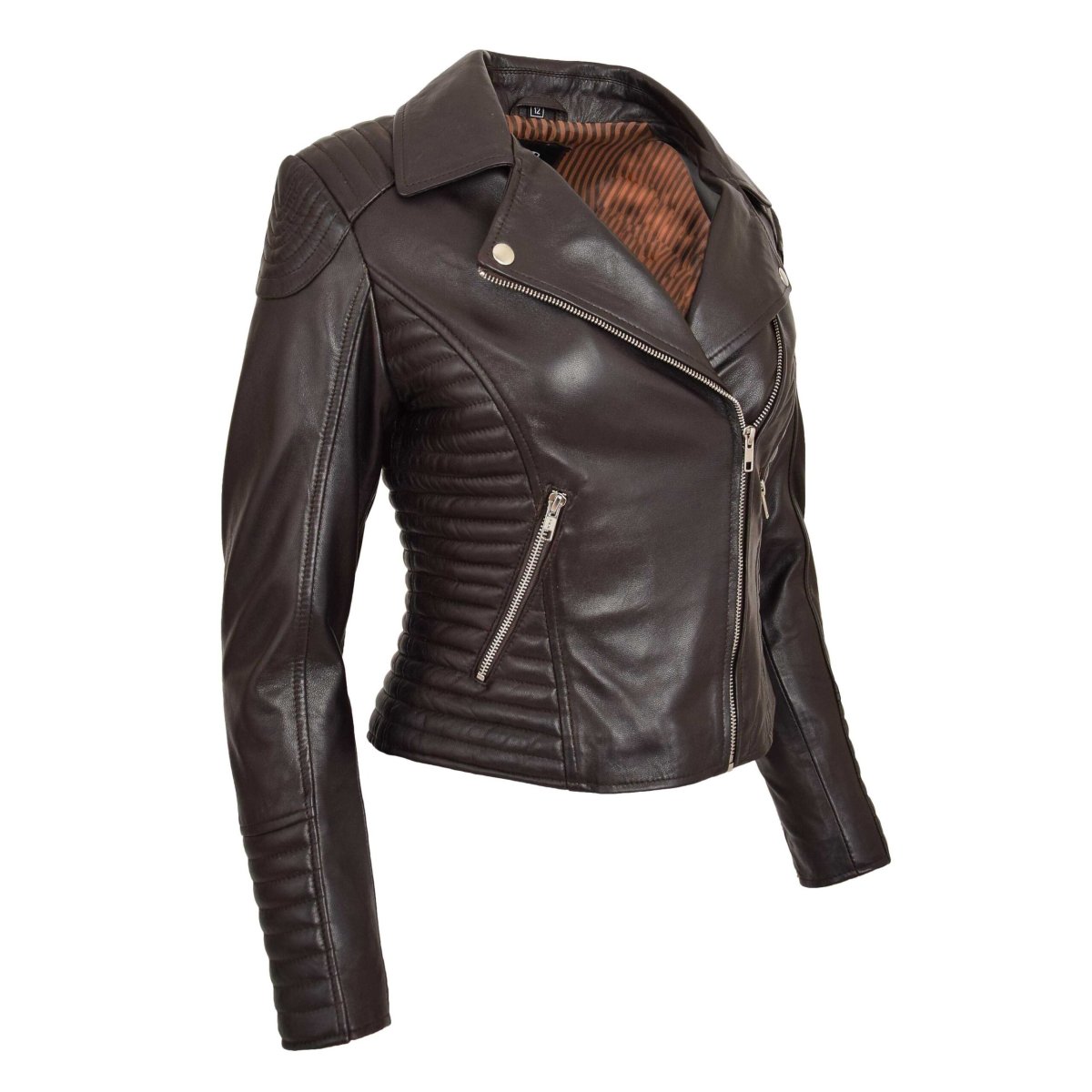 BUNERI Chaqueta Mujer Biker de Cuero Suave Marrón - Imagen 6