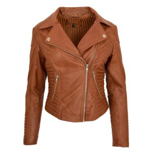 BUNERI Chaqueta Biker Mujer Cuero Auténtico Tostado