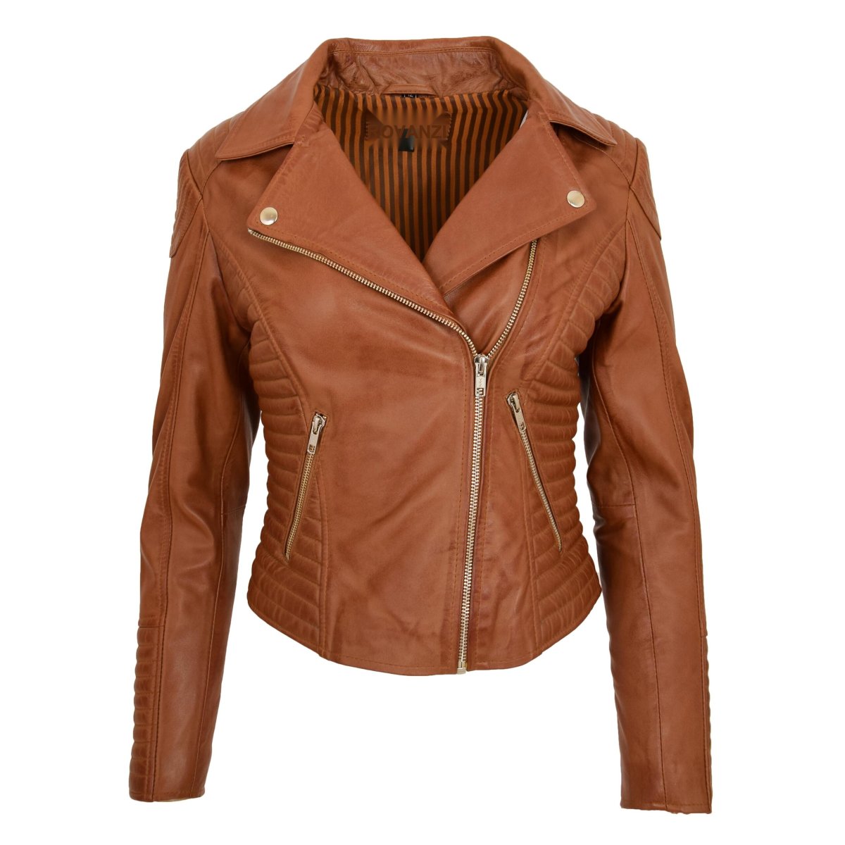 BUNERI Chaqueta Biker Mujer Cuero Auténtico Tostado - Imagen 2