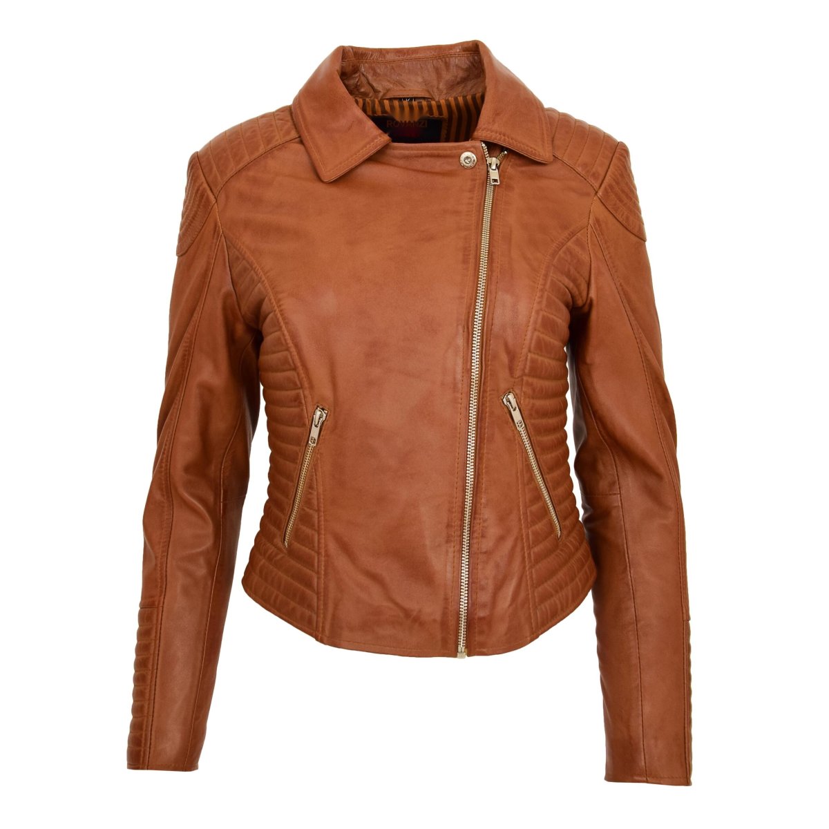 BUNERI Chaqueta Biker Mujer Cuero Auténtico Tostado - Imagen 4