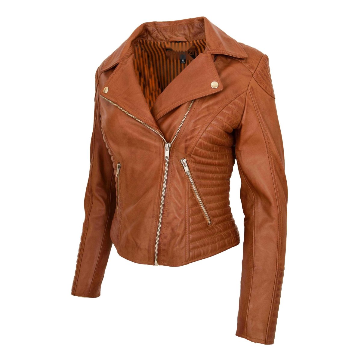 BUNERI Chaqueta Biker Mujer Cuero Auténtico Tostado - Imagen 5