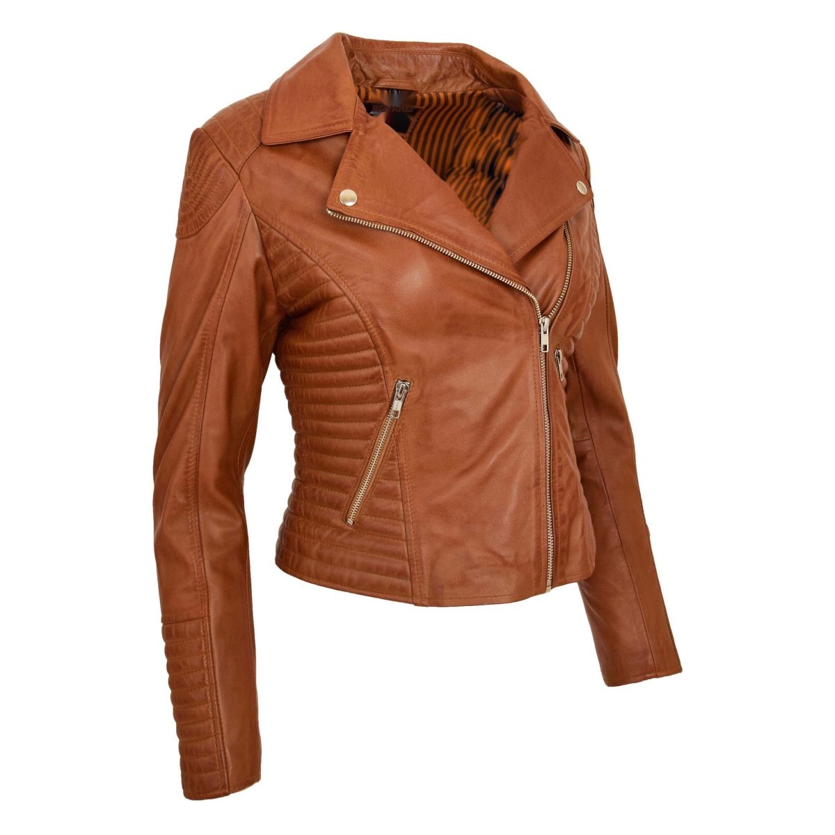 BUNERI Chaqueta Biker Mujer Cuero Auténtico Tostado - Imagen 6