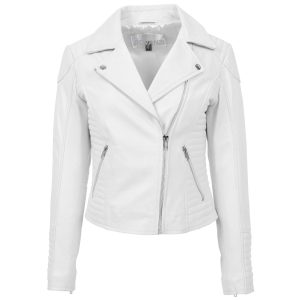 BUNERI Chaqueta Biker de Cuero Suave Blanco Cremallera Cruzada para Mujer