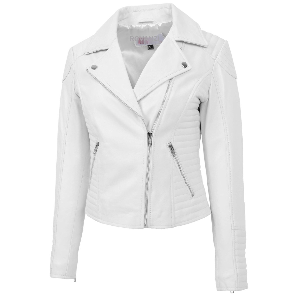 BUNERI Chaqueta Biker de Cuero Suave Blanco Cremallera Cruzada para Mujer - Imagen 4