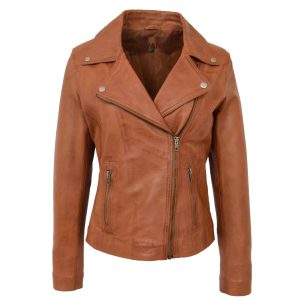 BUNERI Biker de Cuero Auténtico Lola Tostado Cross-Zip