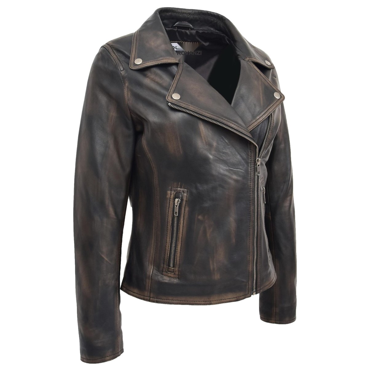 BUNERI Biker Cuero Suave Lola Negro Vintage Cross-Zip - Imagen 5