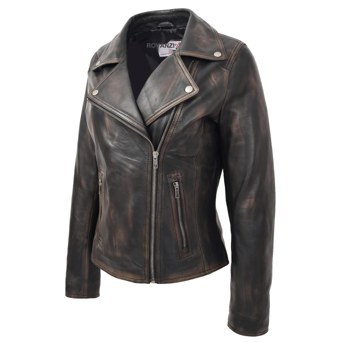 BUNERI Biker Cuero Suave Lola Negro Vintage Cross-Zip - Imagen 4