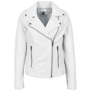 BUNERI Biker de Cuero Auténtico Lola Blanca Cross Zip para Mujer