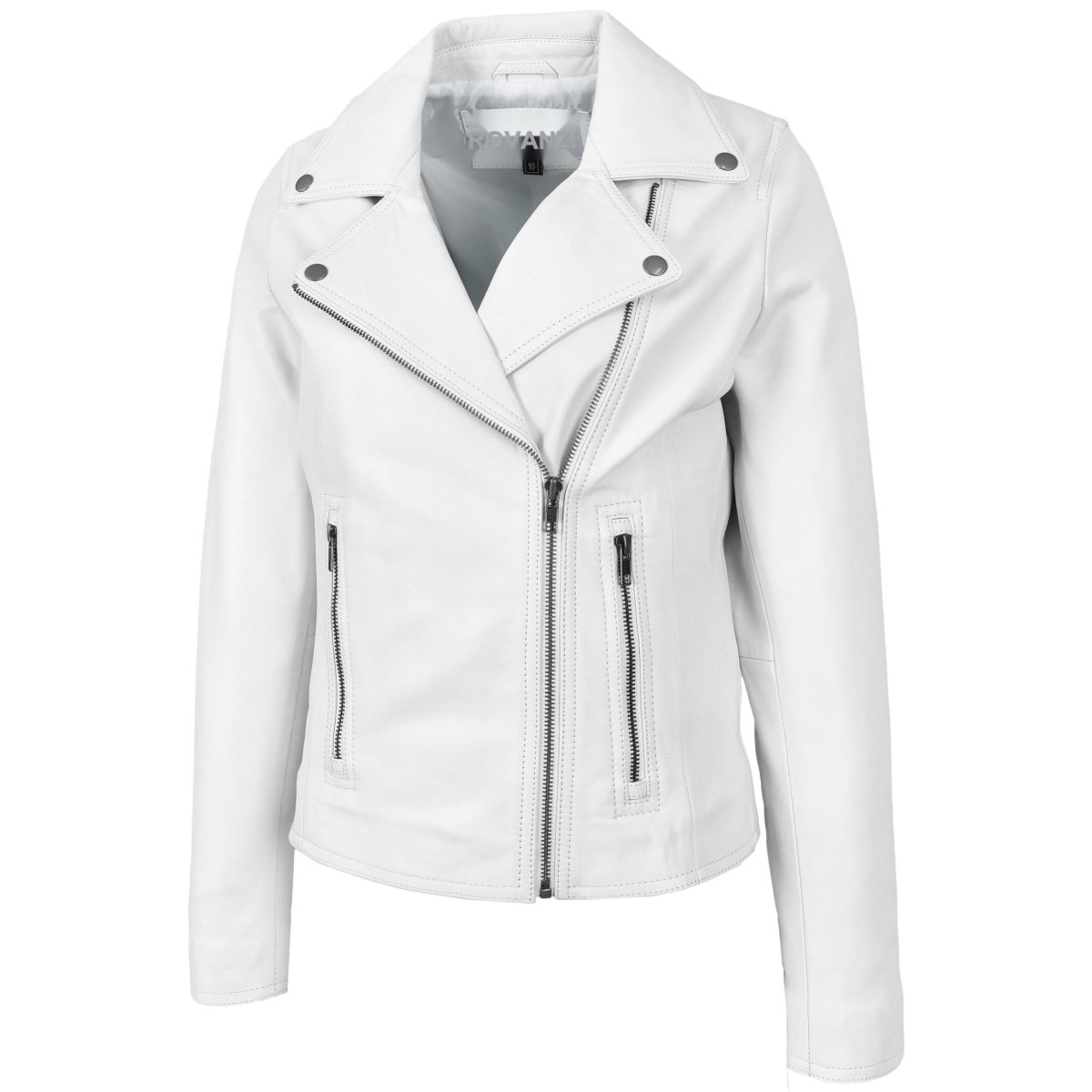 BUNERI Biker de Cuero Auténtico Lola Blanca Cross Zip para Mujer - Imagen 4