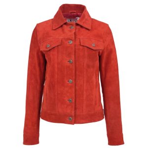 BUNERI Chaqueta de Ante Estilo Trucker para Mujer en Rojo