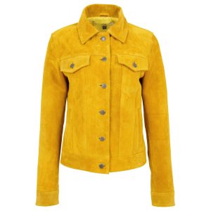 BUNERI Chaqueta Estilo Camionero de Piel de Ante Auténtica para Mujer Amarillo